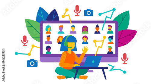 A person participates in a virtual meeting on a laptop with others on screen