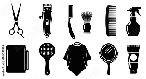 Barber Shop Hairdressing Tools Glyph Icons - Grooming Salon Equipment Collection
