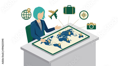 A woman plans travel destinations on a digital map at her desk.