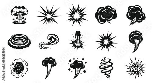 Black  White Vector Comic Effects Icons: Explosions, Smoke  Impact Glyphs