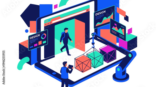 A futuristic illustration of people interacting with a large smartphone displaying graphs and 3D cubes in an industrial setting with a robotic arm.