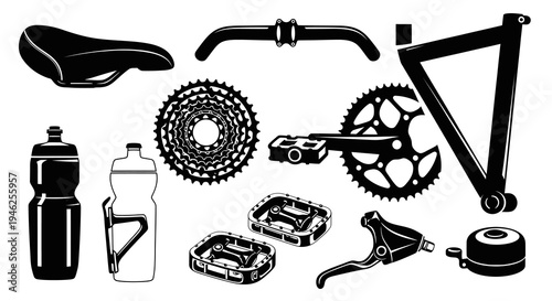 Black  White Cycling Bicycle Parts  Accessories Silhouette Vector Set