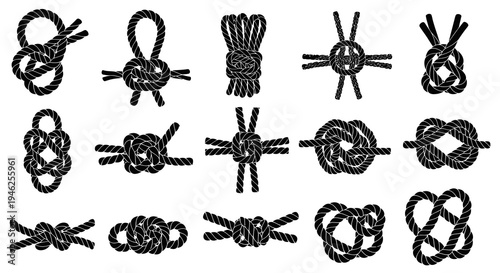 Nautical Knots Glyphs: Black  White Vector Rope Tying Icons for Marine  Outdoor