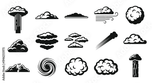 Nature Weather Cloud  Smoke Black and White Glyph Vector Icons Set