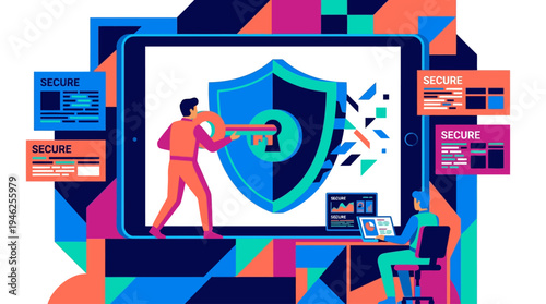 A person attacks a large shield on a screen with a hammer.