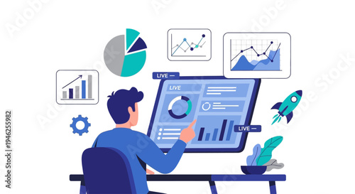A man sits at a desk analyzing data on a computer screen with graphs