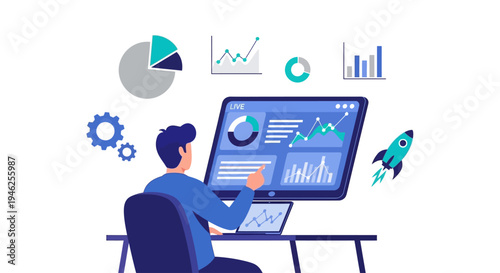 Man analyzing business data on computer screen with graphs and charts