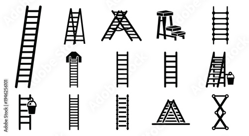 Ladders and Step Stools Glyph Icons Set - Construction, Work, and Home Improvement
