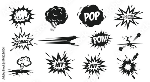Black and White Comic Book Action Sound Effects and Explosion Elements Vector Set