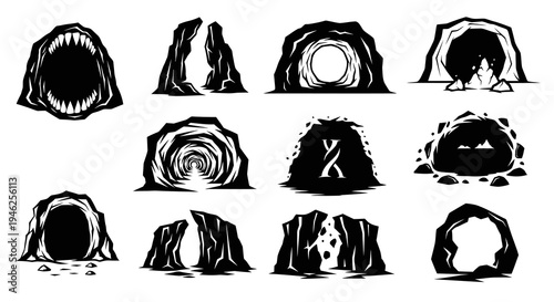 Fantasy Gaming Cave Entrances and Rock Arches Silhouette Set. Stylized Black White Vector Icons.