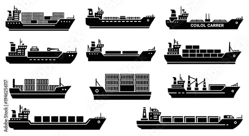 Global Shipping Industry Cargo and Container Ships Vector Silhouette Icons Set