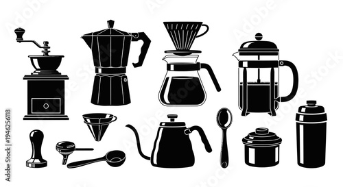 Coffee Making Equipment  Barista Tools Black  White Silhouette Vector Icons Set