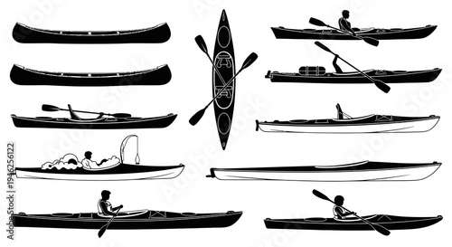 Monochrome Canoes and Kayaks: Water Sports  Outdoor Recreation Line Art Silhouettes Set