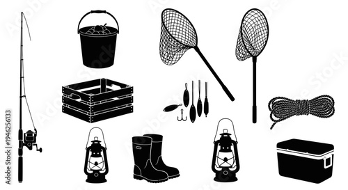 Fishing Gear and Outdoor Equipment Silhouette Icons Vector Set
