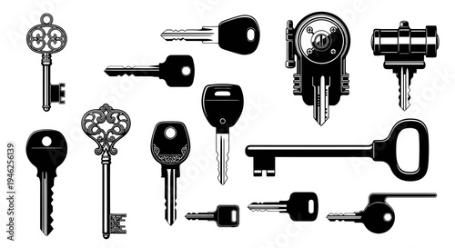 Various Security Keys Vector Icons Set - Black  White Line Art for Access  Unlock Concepts