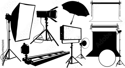 Photography Studio Equipment Black  White Silhouettes Vector Set for Filmmaking