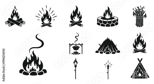 Black and White Camping Campfire and Fire Glyph Icons Set
