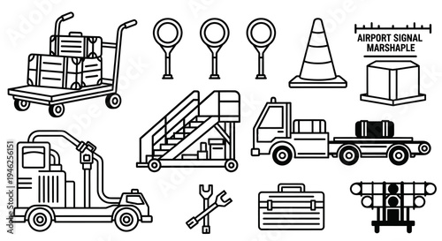 Black and White Line Art Airport Ground Support Equipment and Signal Icons Set