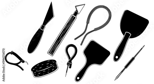 Black and White Line Art Clay Modeling Tools Set for Ceramics and Pottery Glyph Icons