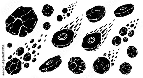 Stylized Black White Graphic Space Asteroids and Meteors Icons Set