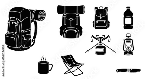 Outdoor Camping Hiking Adventure Gear Glyph Icons Set. Backpack, Stove, Lantern, Knife, Chair Black Silhouettes.