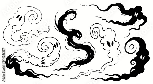 Halloween and Supernatural Cartoon Ghosts Black  White Vector Illustration Set