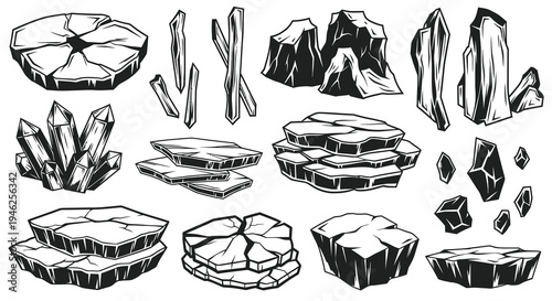 Black  White Line Art Nature Elements: Stylized Rocks, Ice Floes, Crystals  Wood for Gaming