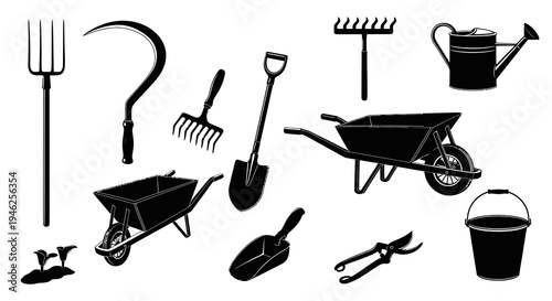 Black Silhouette Vector Set of Gardening and Farming Tools for Agriculture Design Elements