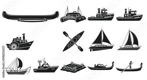 Black Glyph Marine Water Transport Boats and Ships Icons Collection
