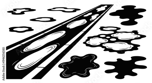Weather Puddles on Road and Liquid Splashes - Black  White Line Art Vector