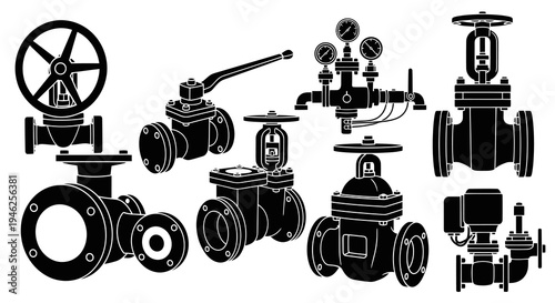 Engineering Industrial Valves  Pipe Fittings Black and White Silhouette Vector Set