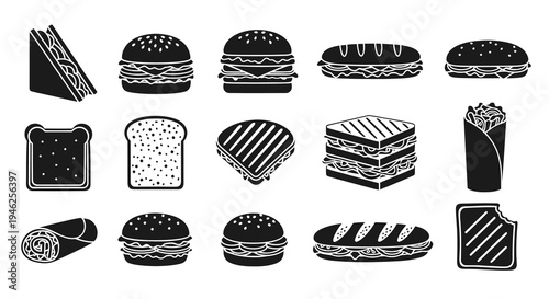 Black  White Glyph Fast Food Icons Set: Burgers, Sandwiches, Wraps  Bread