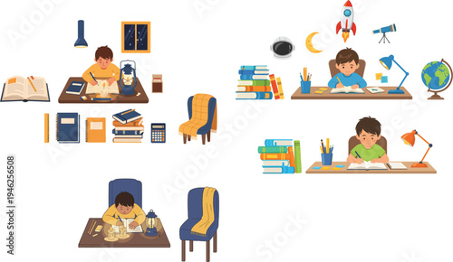 Collection of cute little boys studying and doing homework at desk with books and school supplies flat vector illustration