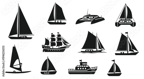 Nautical Marine Boats and Ships Silhouette Icons Set. Black and White Vector Glyphs Collection.