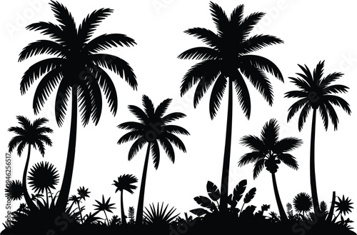 PrintTropical palm tree silhouette, exotic jungle plants, tropical forest illustration, black foliage design, tropical nature background, paradise landscape art