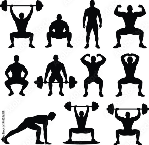 PrintWeightlifting silhouettes, fitness exercise illustration, muscular athlete poses, strength training