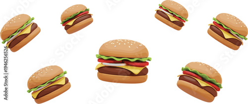 Collection of delicious beef cheeseburgers with fresh lettuce tomato and cheese isolated on white background for restaurant menu vector