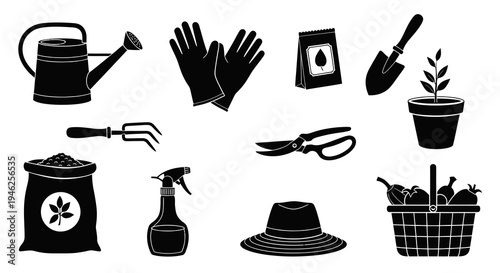 Gardening Tools Black and White Silhouette Set. Farm Equipment and Horticulture Icons Collection.