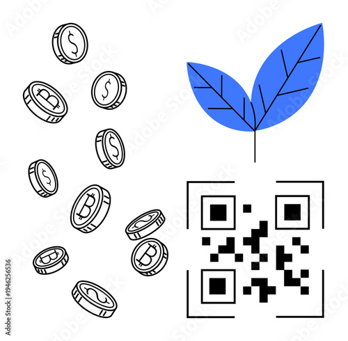 Digital payments, blockchain, sustainable economy, fintech solutions, eco-friendly systems, currency technology. Bitcoin and dollar coins, QR code and blue leaf. Digital payments and blockchain
