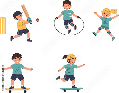 Collection of happy children engaged in various sports activities including playing cricket rope skipping and skateboarding representing active childhood vector