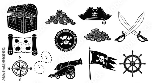 Pirate Icons Set - Black and White Silhouette Glyphs for Adventure and Maritime Themes