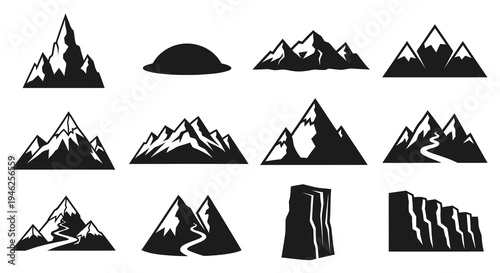 Nature Landscape Mountain and Rock Silhouette Vector Icons Set for Outdoors Adventures