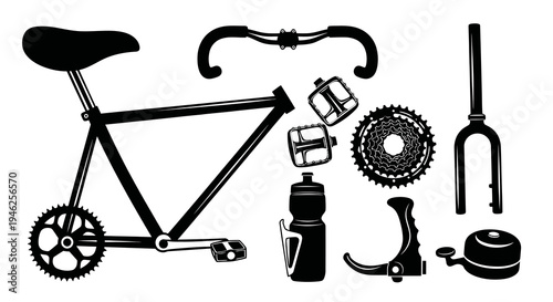 Cycling Gear Icons: Black and White Vector Set of Bicycle Parts and Accessories