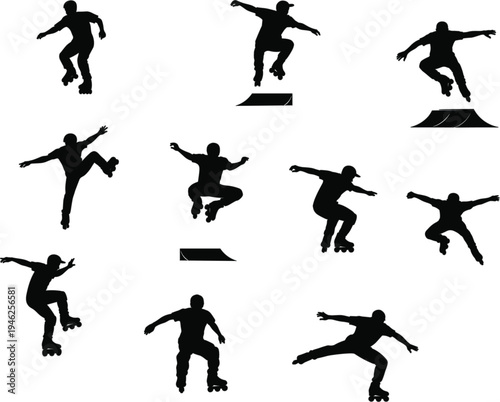 Collection of inline skater silhouettes performing jumps and extreme tricks at skate park isolated on white background vector