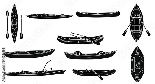 Water Sports and Boating Glyph Icons Set with Kayaks, Canoes, Rafts, and Rowboat