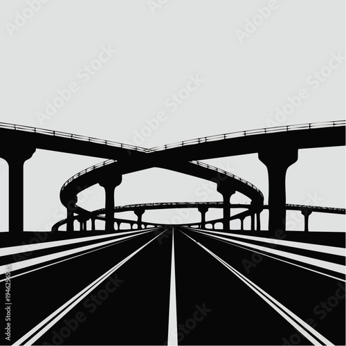 black and white illustration of highway road with overpasses