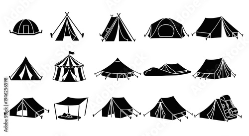 Camping and Adventure Tent Silhouettes Glyphs Vector Icons Set