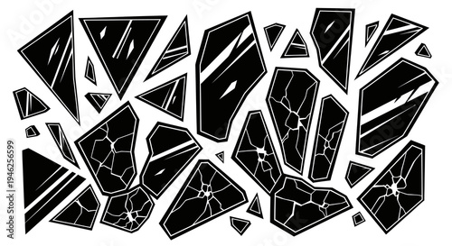 Abstract Broken Glass Shards Black and White Line Art Vector Elements Set