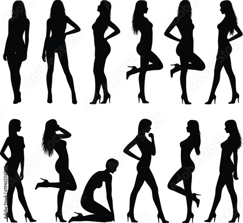 PrintWoman silhouette illustration, high heel fashion vector design, standing kneeling pose clipart, stylish outline graphics, modeling art icons collection