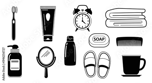 Bathroom Personal Care  Morning Routine Items Black  White Glyph Icon Set
